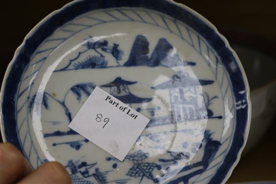 A Qianlong famille rose bowl and three blue and white plates